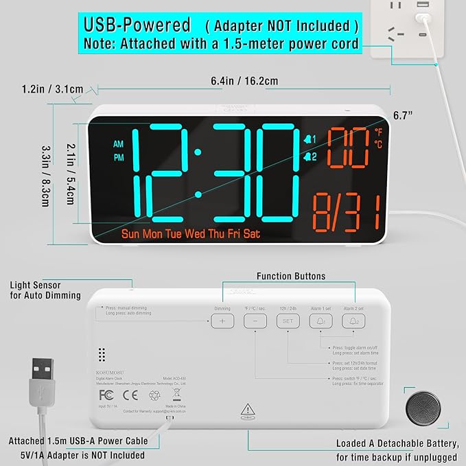 KOSUMOSU Small Digital Clock for Bedroom, 6.7in Desk Clock, Auto Dimming - Image 5