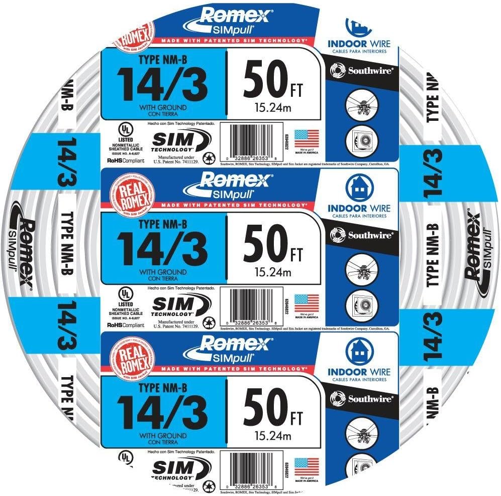Southwire 14/3 Romex Brand Simpull Solid 50ft NM-B Cable and Newhouse 1-Gang 14cu in PVC Electrical Outlet Box