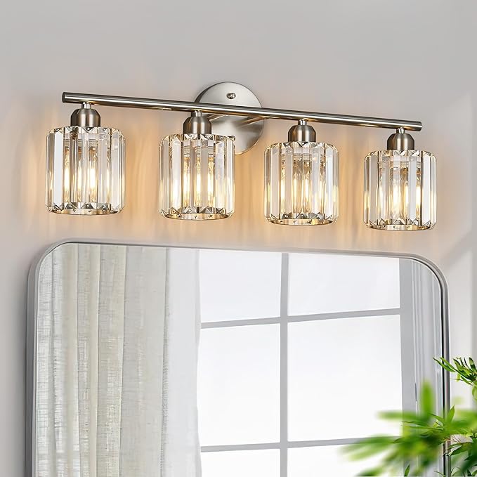 FDPBY Modern 4 Light Crystal Vanity Light, Brushed Nickel Vertical Bathroom by FDPBY