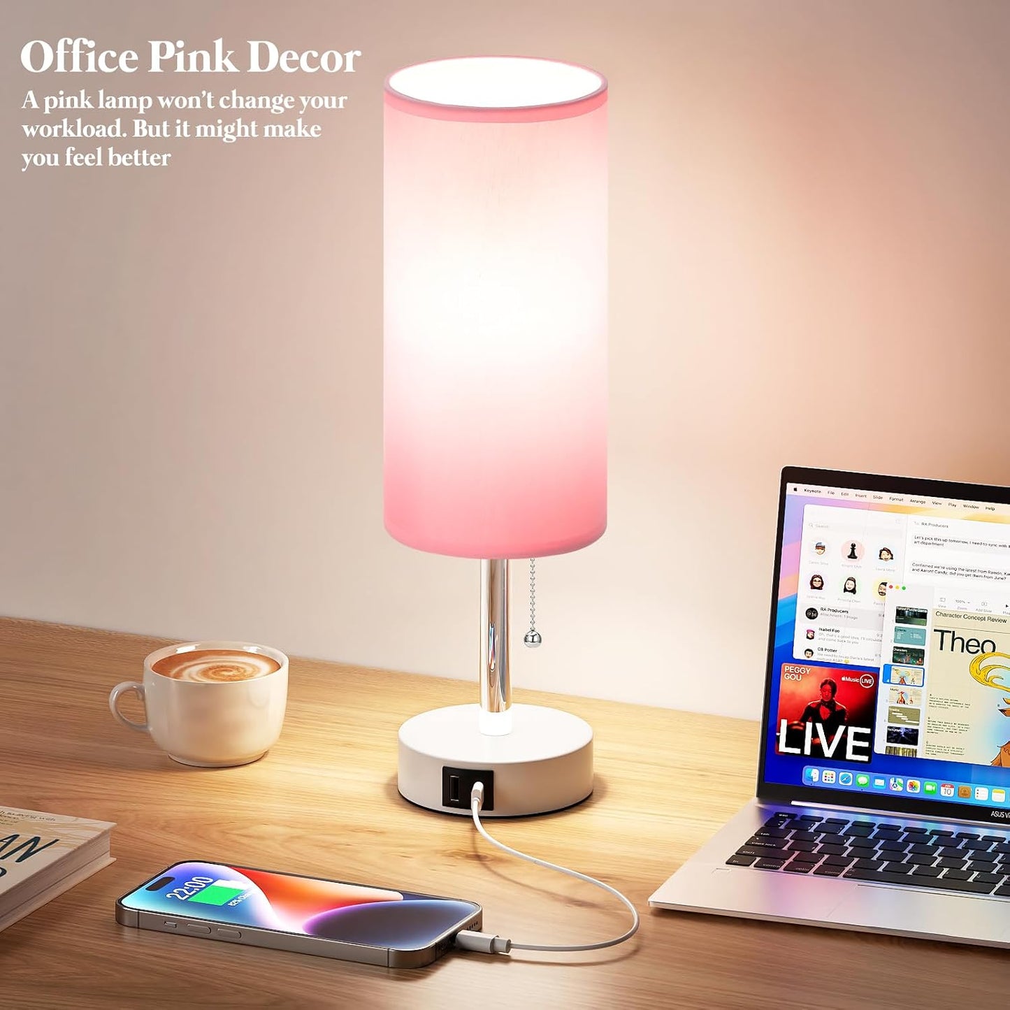 Dicoool Pink Bedside Table Lamp for Girls Bedroom - USB A+C Charging Ports | 3 Color Temperatures, Bulb Included, Pink Fabric Shade, White Metal Base, Cute Pink Room Decor, 14" Desk Lamp for Kids Dorm
