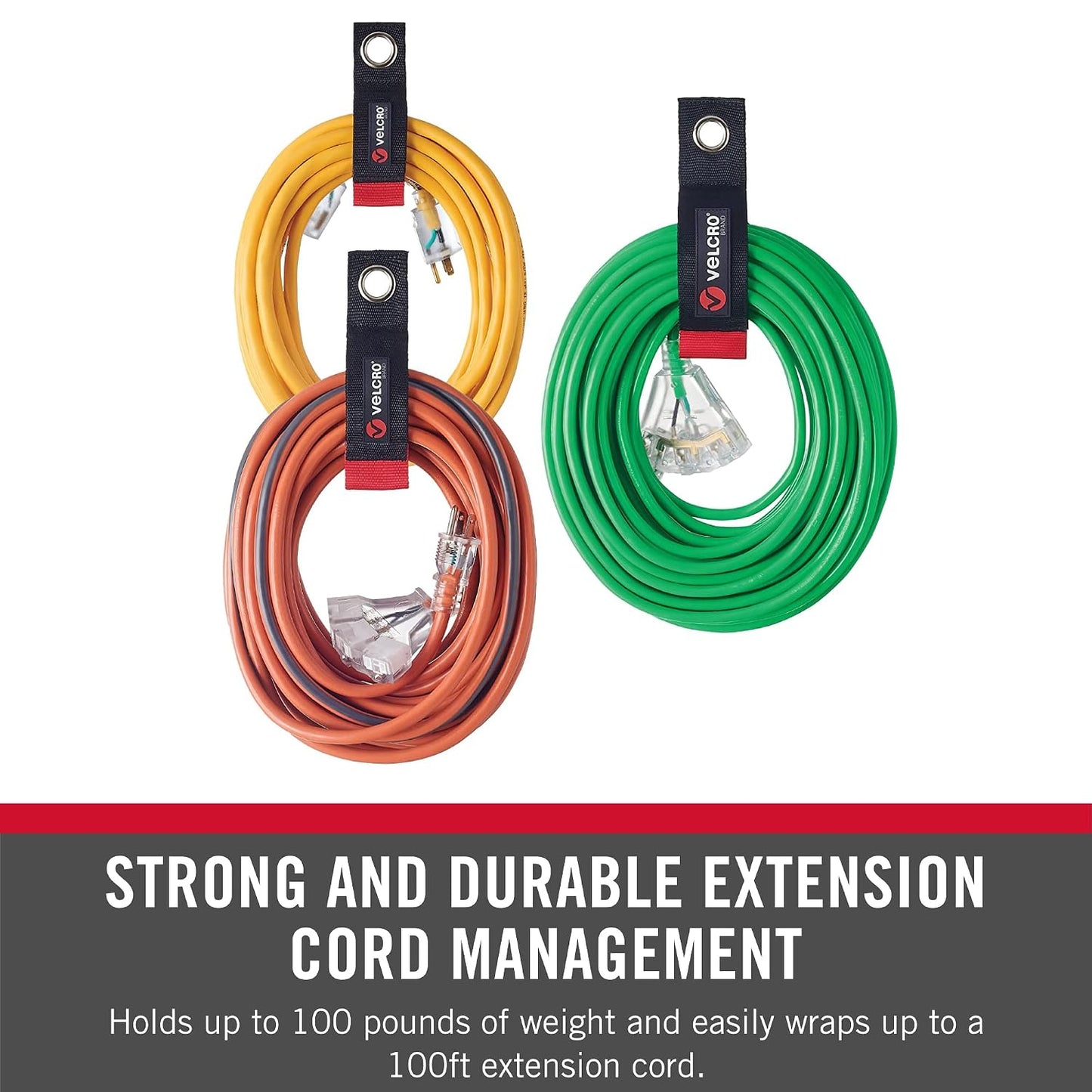 VELCRO Brand Easy Hang Extension Cord Holder Organizer Variety Pack | Holds 60-100lbs, Heavy Duty Straps Fit Easily on Hooks or Nails | Perfect for Garage Organization | 3-pk 10", 14" and 18", Black