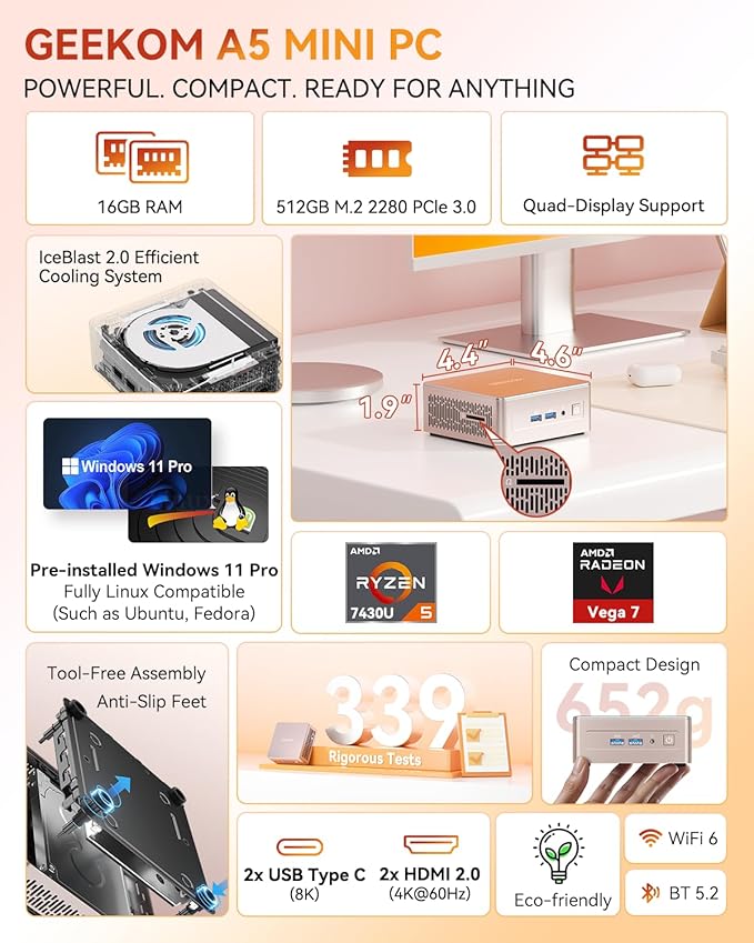 GEEKOM A5 Mini PC with AMD Ryzen 5 7430U, 3-Year Coverage, 16GB RAM&512GB M.2 - Image 2