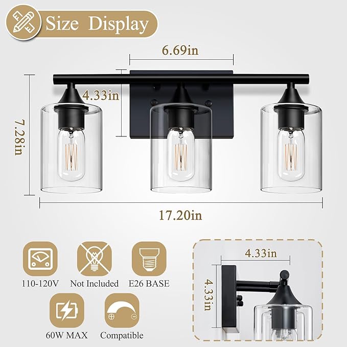 XPEHK Bathroom Lighting Fixtures Over Mirror, 3-Light Black Bathroom Vanity - Image 4