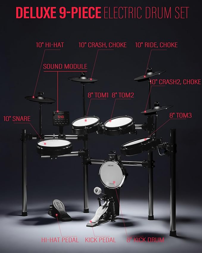 AKLOT Electric Drum Set with Kick-Tower: 4 Dual Zone Mesh Pads, 8’’ Tower-Style - Image 9
