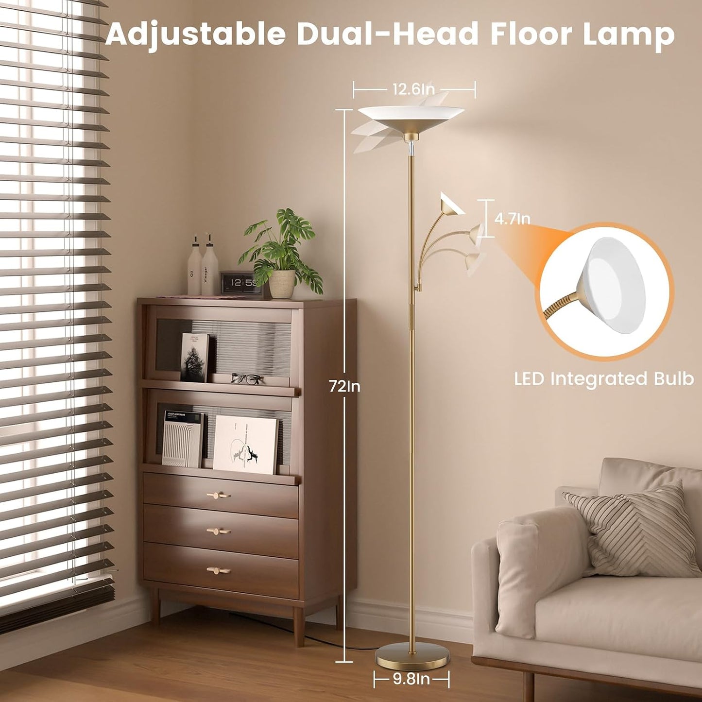 Gold Torchiere Floor Lamp - 2 Way LED Standing Lamp with Reading Light, Dimmable 72'' Tall Lamp with Remote Color Changing, 34W Mordern Uplighter for Living Room Bedroom Office