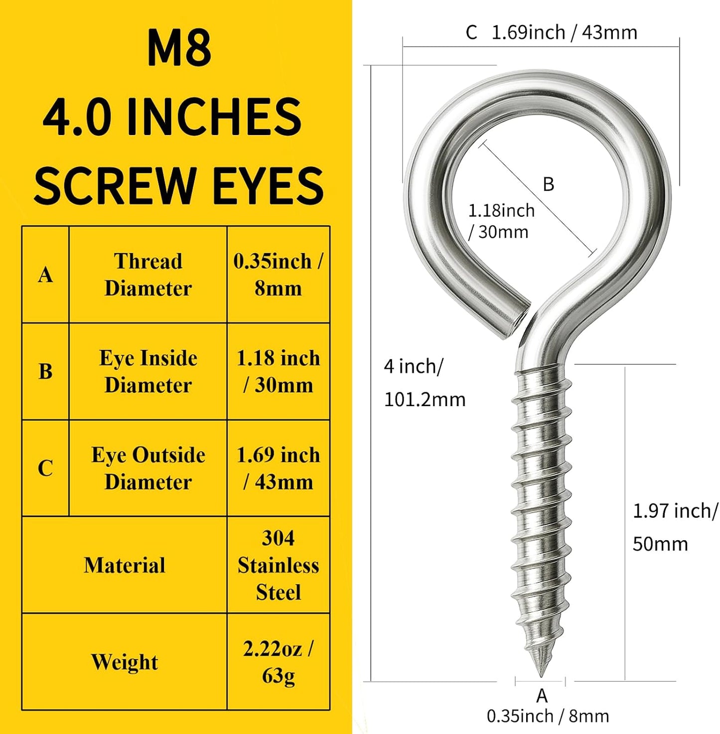 4PCS 4 Inch Size 304 Stainless Steel Eye Screws - M8 Heavy Duty Eye Hooks | Large Metal Screw Eye Hooks Loads 500LBS, Heavy Duty Eye Bolts for Hanging Hammock, Plant & Securing Cable Indoor & Outdoor