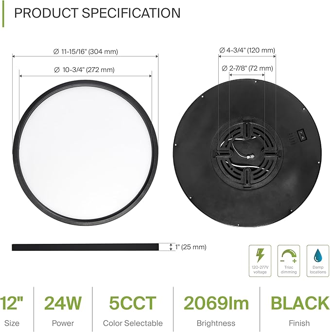 ASD LED 12" Round Flush Mount Ceiling Light Fixture, Low Profile Surface - Image 2