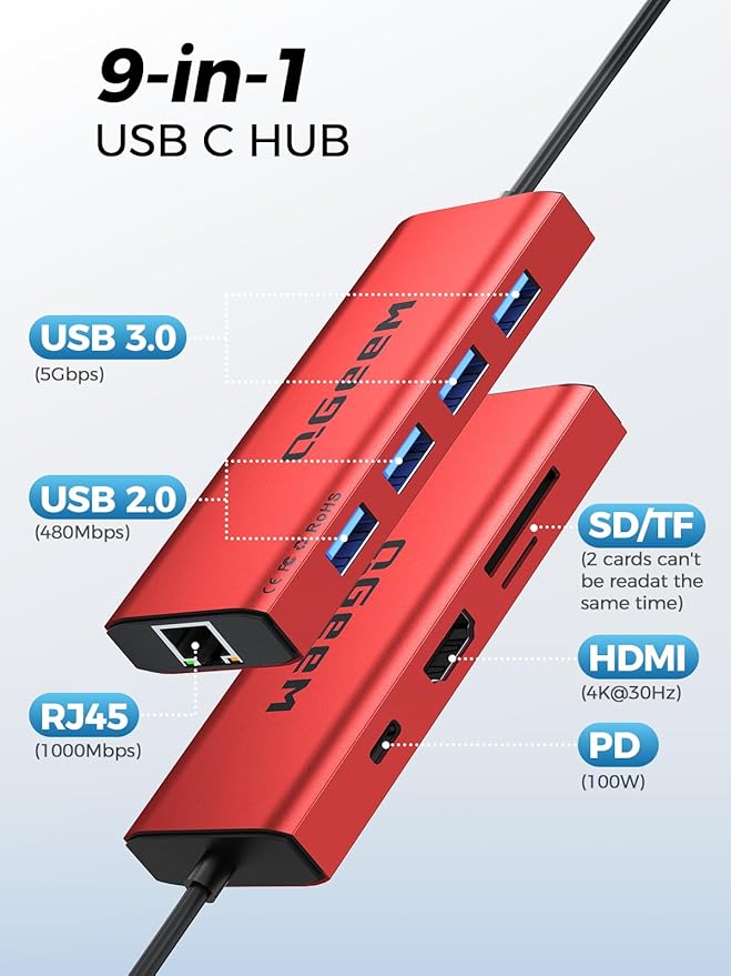 QGeeM USB C Hub Ethernet, 9 in 1 USB Type C Hub HDMI Multi-Port Converter - Image 2