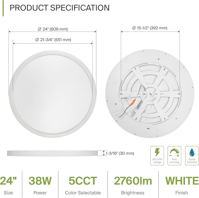 ASD LED 24" Round Flush Mount Ceiling Light Fixture, Low Profile Surface - Image 2