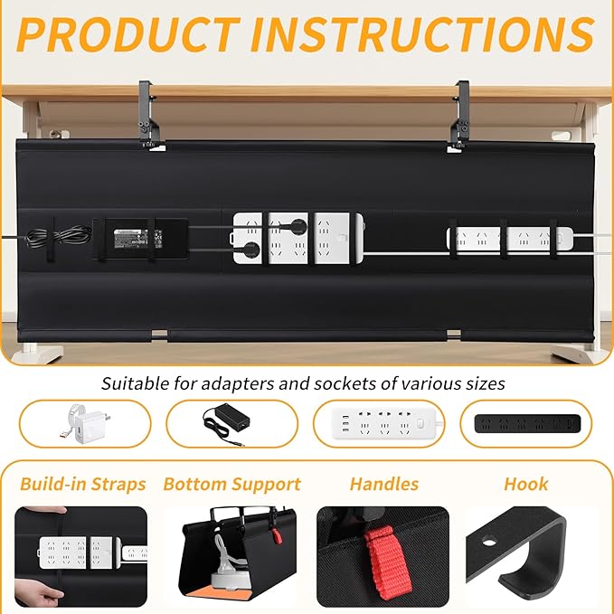 SUREUP9 No Drill Under Desk Cable Management Tray, Fabric Cable Management - Image 5