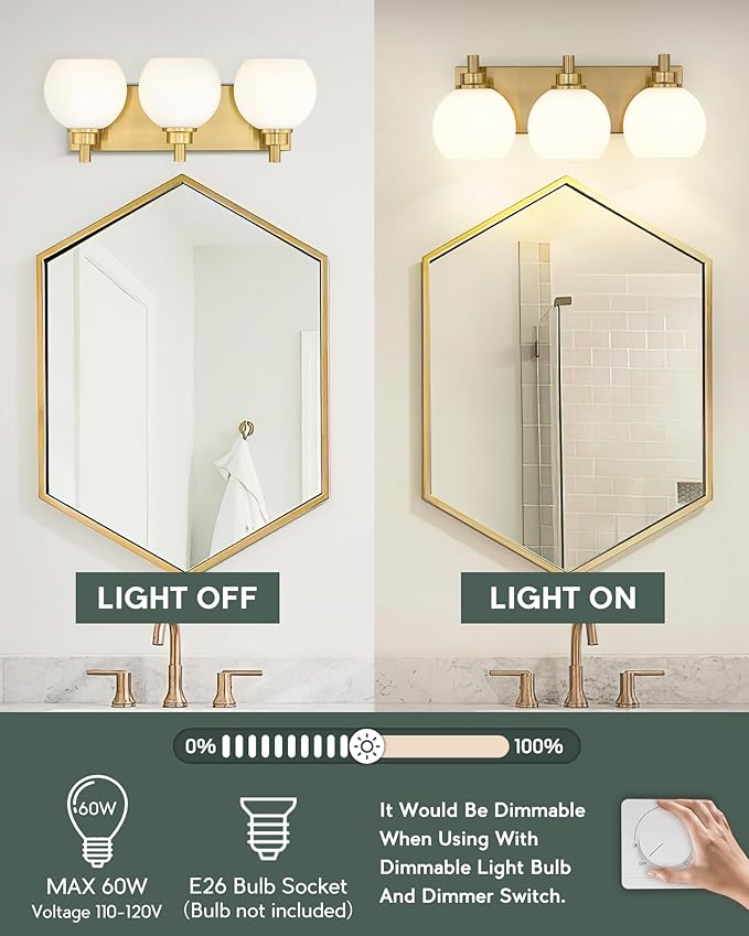 METWET Bathroom Light Fixtures, 3-Light Brushed Gold Vanity Light, Modern Wall - Image 2