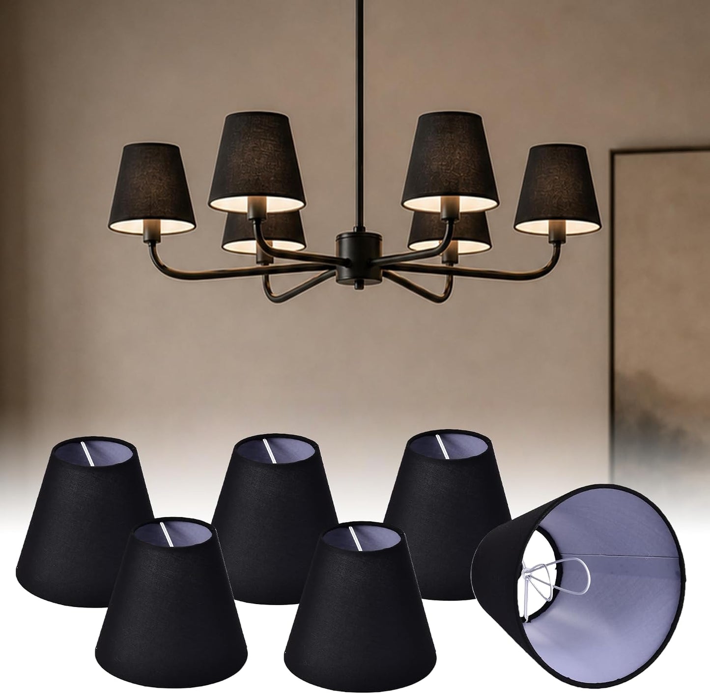 Black Empire Chandelier Shades Set of 6, Clip-On Shades for E12 Bulbs | 3.1" top x 5.9" bottom x 5.1" high fabric covers for chandeliers, wall sconces, and small table lamps