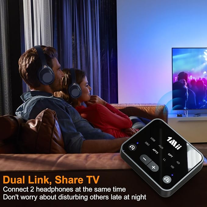 1Mii Bluetooth 5.3 Transmitter for TV to 2 Wireless Headphones, Long Range - Image 2