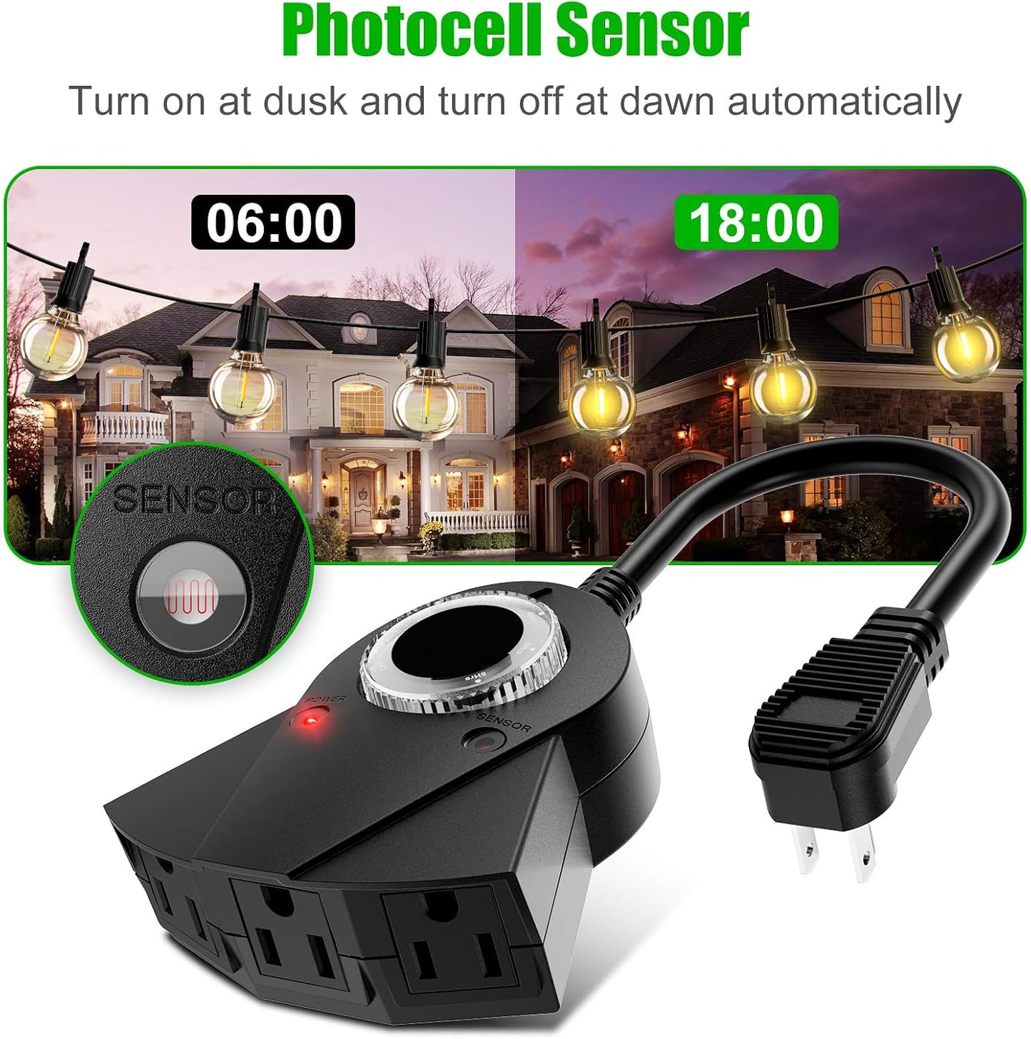 Minetom Outdoor Light Plug-in Timer, Heavy Duty Mechanical Timer Switch, 3 Grounded Electrical Outlets for Christmas Lighting Outdoor and Indoor, UL Listed, Black, 13 Amp