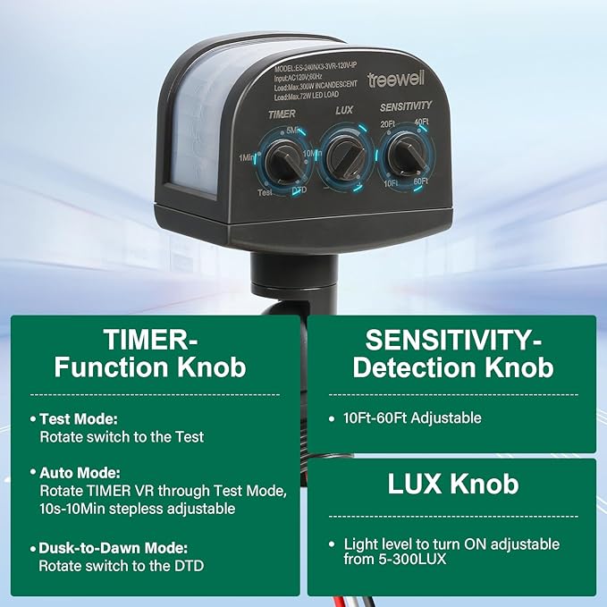 TREEWELL 2 Pack 240-Degree Replacement Motion Sensor, Adjustable LUX & Time & - Image 3