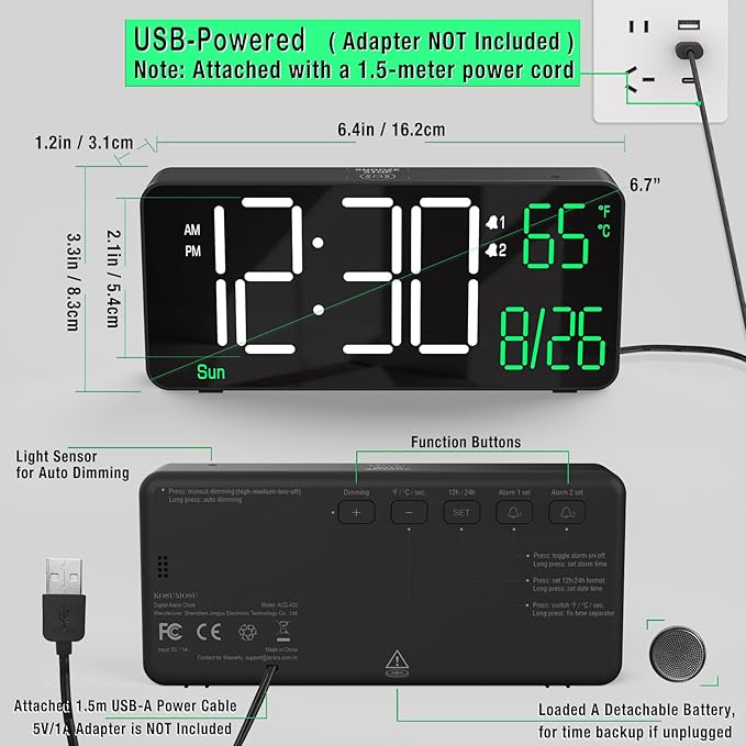 KOSUMOSU Digital Alarm Clocks for Bedrooms, 6.7in Black Small Digital Clock for - Image 5