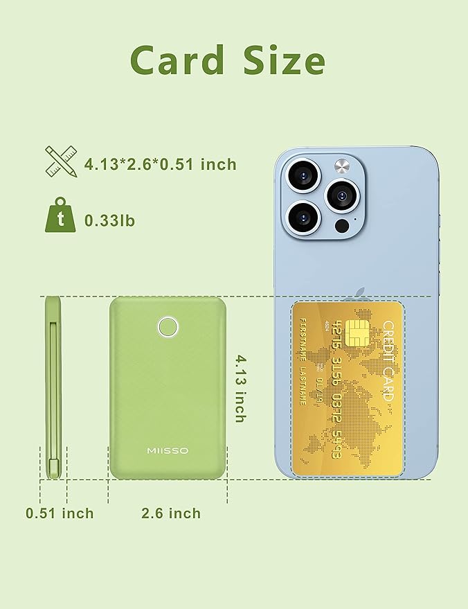 miisso 6000mah Ultra Slim Built in Cables Power Bank, Card Size Built in USB C - Image 3