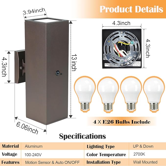 wowlite Motion Sensor Porch Light 2 Pack, Outdoor Lights - Image 8