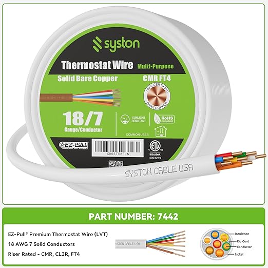 Syston 18/7 Thermostat Doorbell HVAC Heating Control Cable Wire, 100% Solid - Image 3
