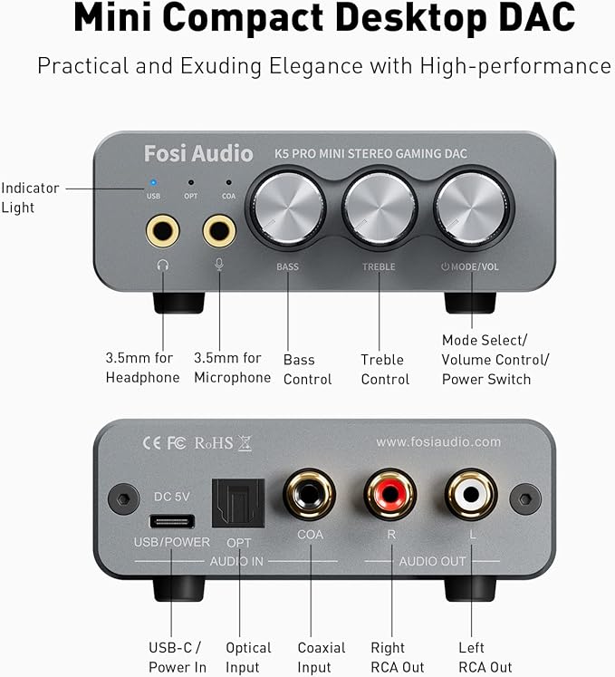 Fosi Audio K5 Pro Gaming DAC Headphone Amplifier Mini Hi-Fi Stereo - Image 2