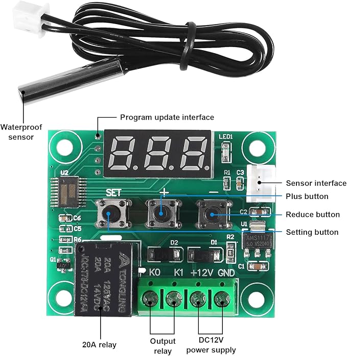 AEDIKO W1209 DC 12V Digital Temperature Controller Board Blue Digital Display - Image 2