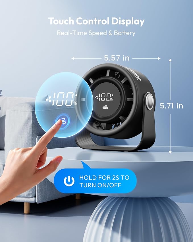 Gaiatop Small Desk Fan Rechargeable, 5in Personal Fan 4000mAh Battery Powered - Image 2