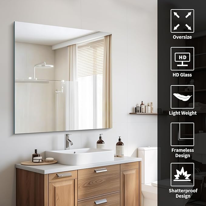 CILIBER Frameless Mirror, 39x39 inch Square Bathroom Mirrors - Image 3
