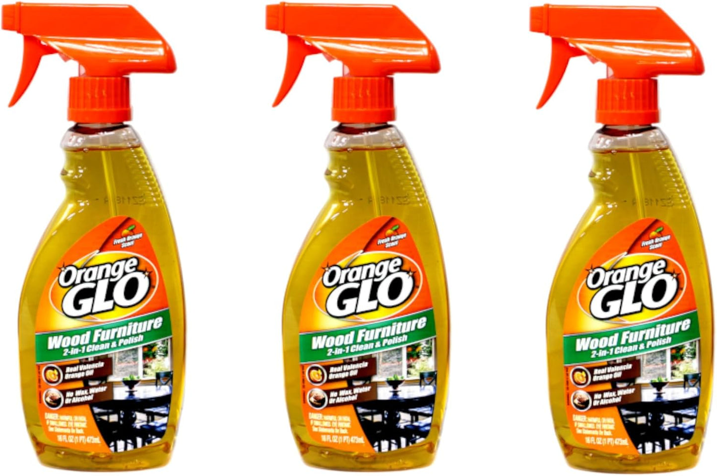 Orange Glo Wood Furniture 2-in-1 Clean & Polish Spray, Fresh Orange Scent, Real Valencia Orange Oil, 16 fl oz (Pack of 3) | 3 Pack, Fresh Orange Scent, Real Valencia Orange Oil
