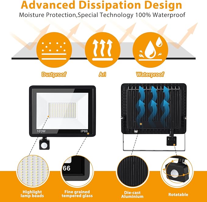 YANYCN 2 Pack 100W LED Motion Sensor Flood Light, Dusk to Dawn, IP66 Waterproof - Image 3