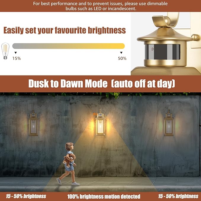 Roravilila 2-Pack Gold Dusk to Dawn Motion Sensor Lights 18 Inch, Large Outdoor - Image 2
