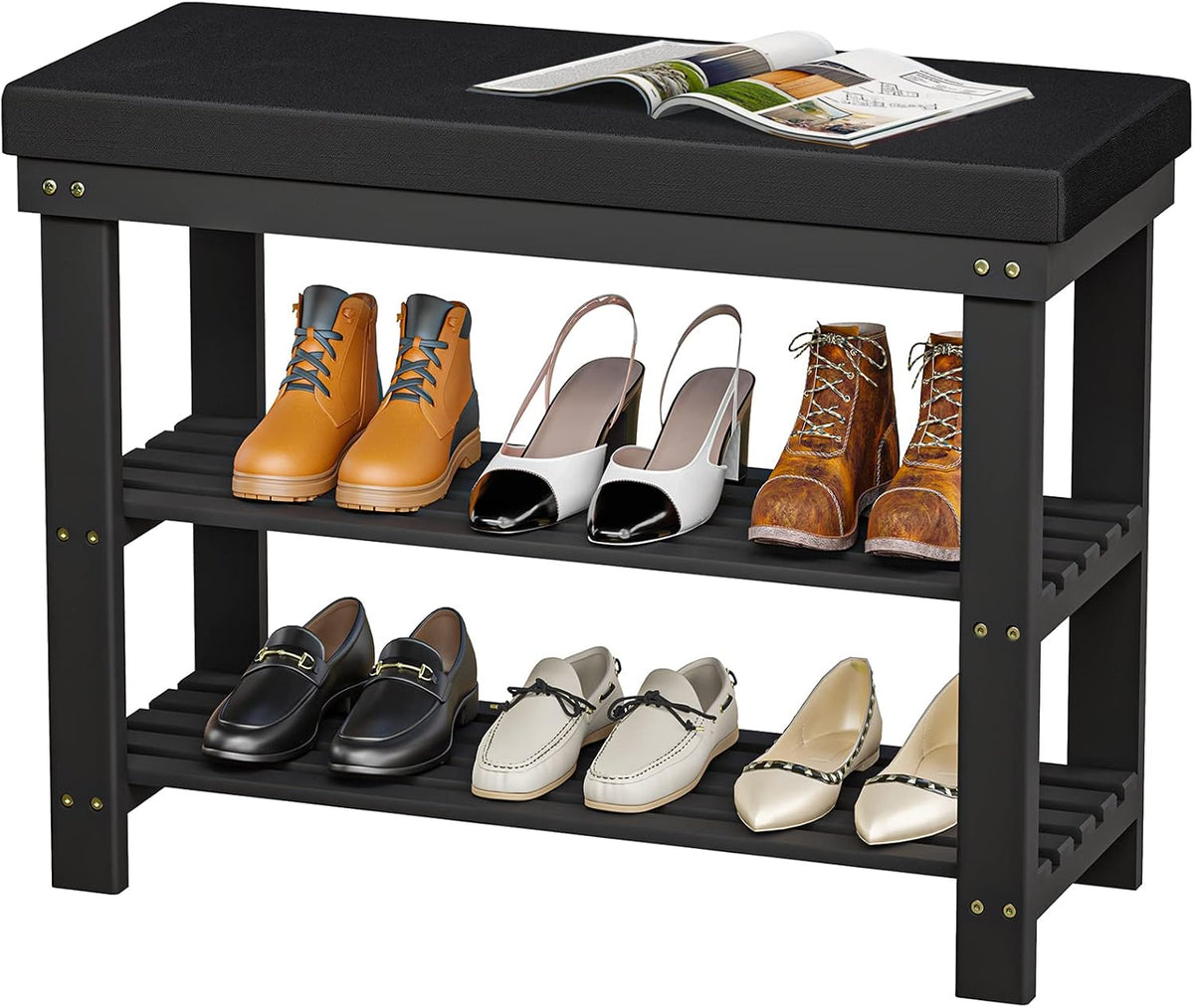 domax bamboo shoe bench with cushion, 3-tier shoe, main product view