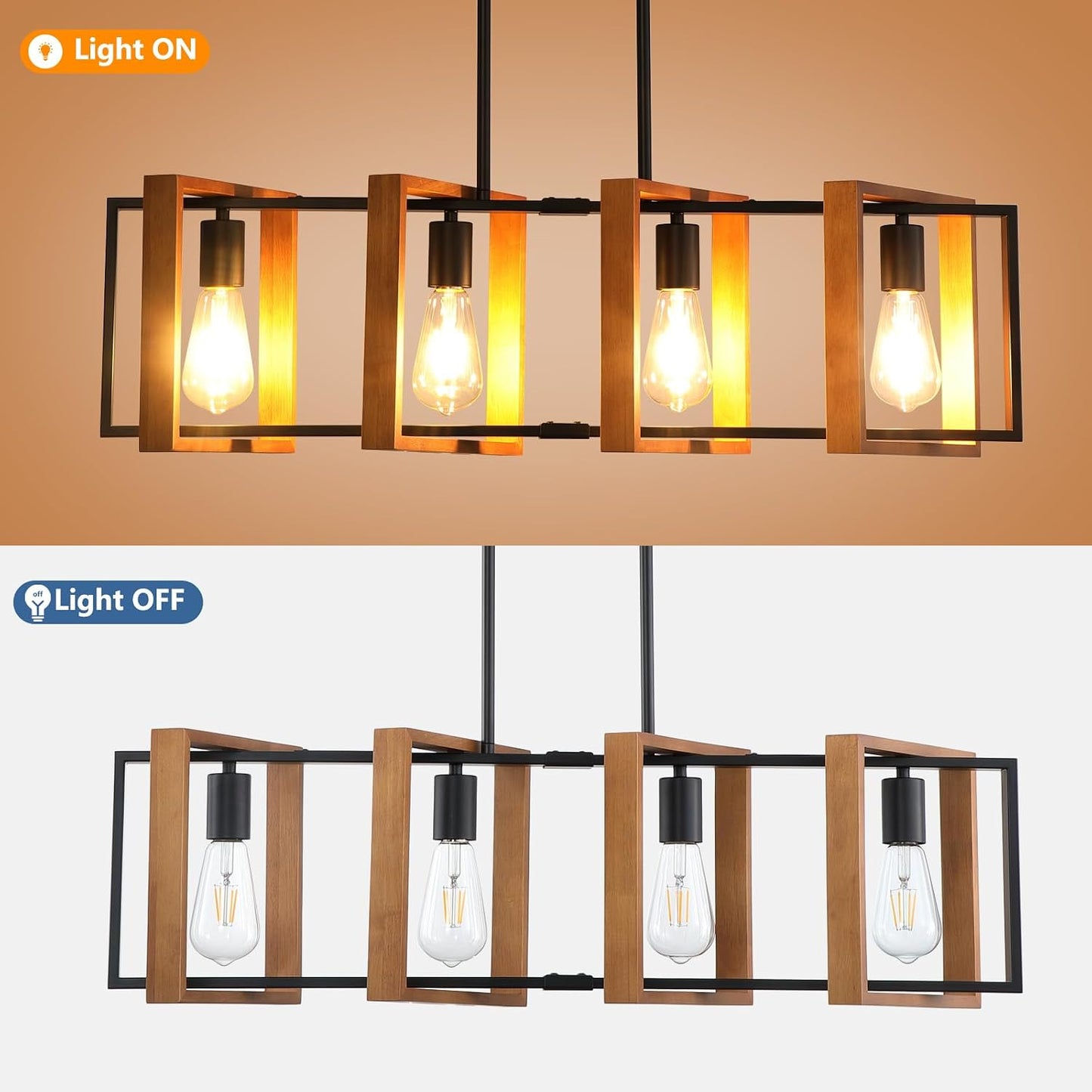 35.4" Kitchen Island Lighting,4 - Light Dining Room Farmhouse Chandelier,Black Modern Pendant Lighting,Pool Table Lights,Wood and Matte Black Metal Finish