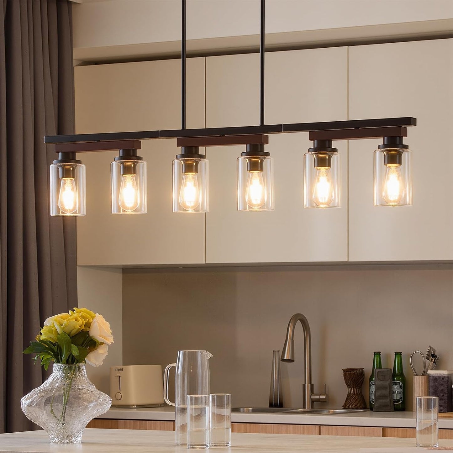 6-Light Black Linear Chandelier,43.3" Dining Room Light Fixture Over Table | Rotating Arms,Wooden Accents,Clear Glass,Adjustable Height, Sloped-ceiling Support for Kitchen Islands, Dining Tables,Bars.