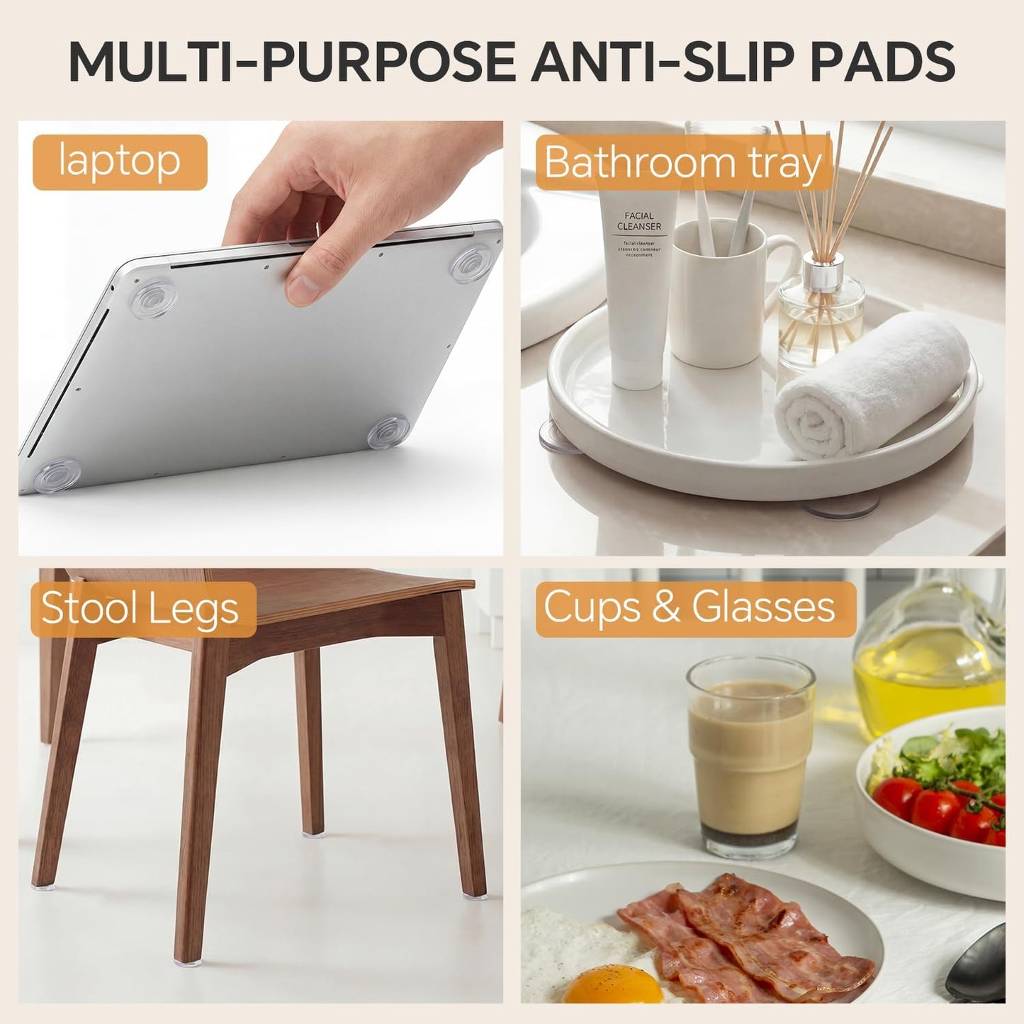 32-Pack Non-Slip Silicone Cutting Board Feet — Self-Adhesive Rubber Feet for Cutting Board, 16×1.2in + 8×1.6in + 8×2in — Reusable, Washable Anti-Slip Pads for Trays, Furniture & Chairs