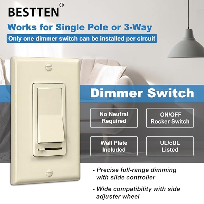 BESTTEN 10 Pack Almond Dimmer Light Switch, 3 Way or Single Pole Dimmer Switches - Image 3