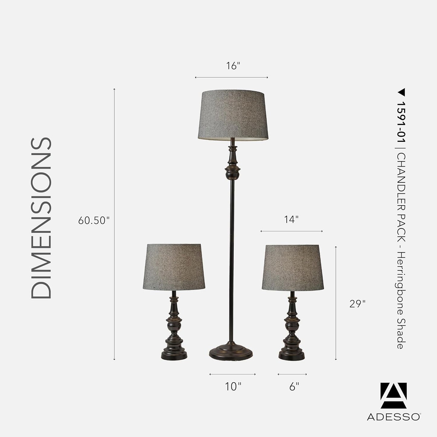 Adesso 3-Piece Lamp Set, Bronze & Dark Herringbone, Table and Floor