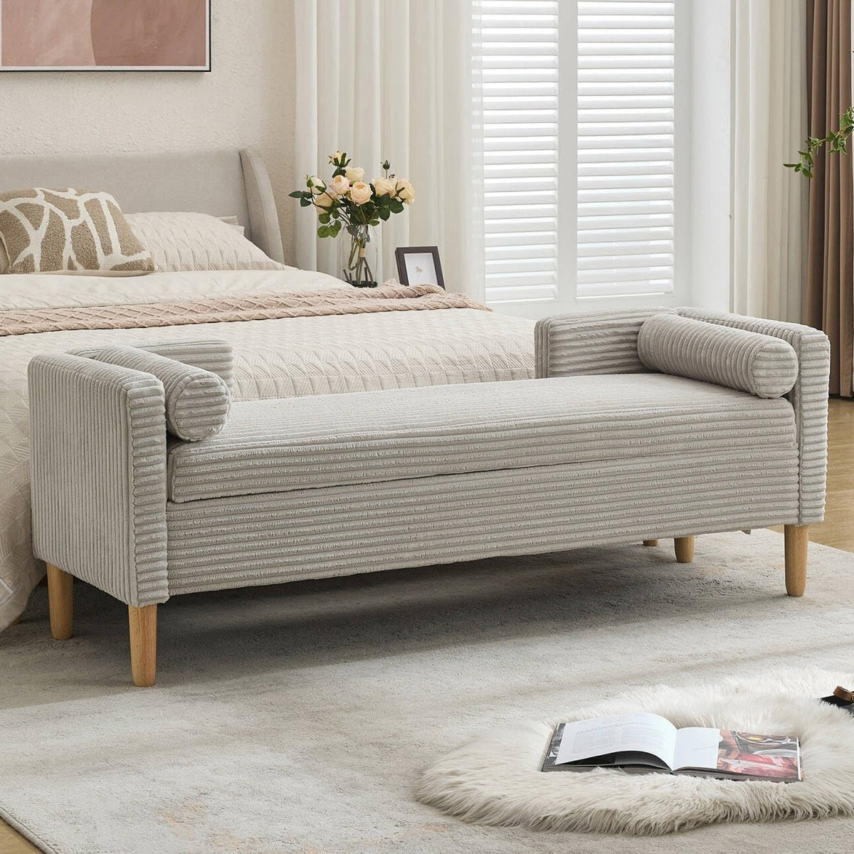 nioiikit 65" corduroy upholstered storage ottoman bench with, main product view
