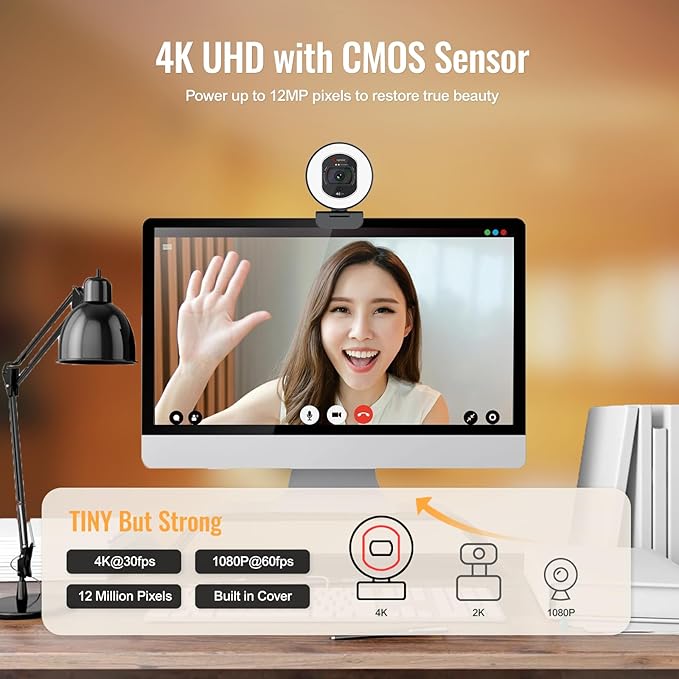 Angetube 4K Webcam with Light for PC: UHD 4K, TOF Auto Focus, Dual AI - Image 2