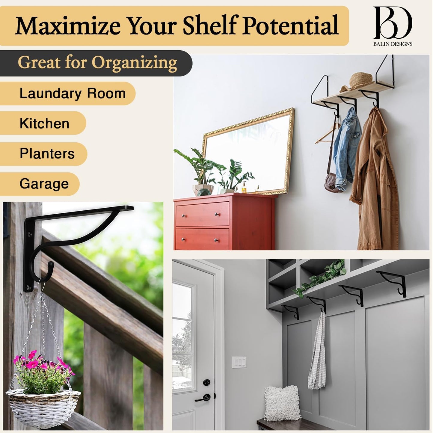 Closet Rod Bracket, 8 Inch Hook Shelf Brackets Heavy Duty Wall Mounted, Black Closet Rod Support Brackets for Curtains, Hanging Hook Kitchen, Garage Shelf Supports (4 Pack) (White, 8 Inch)