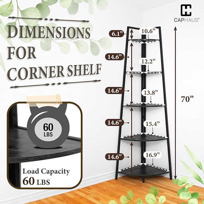 CAPHAUS Tall Corner Shelf Stand, 5-Tier Display Shelves, Ladder Corner Wood - Image 2
