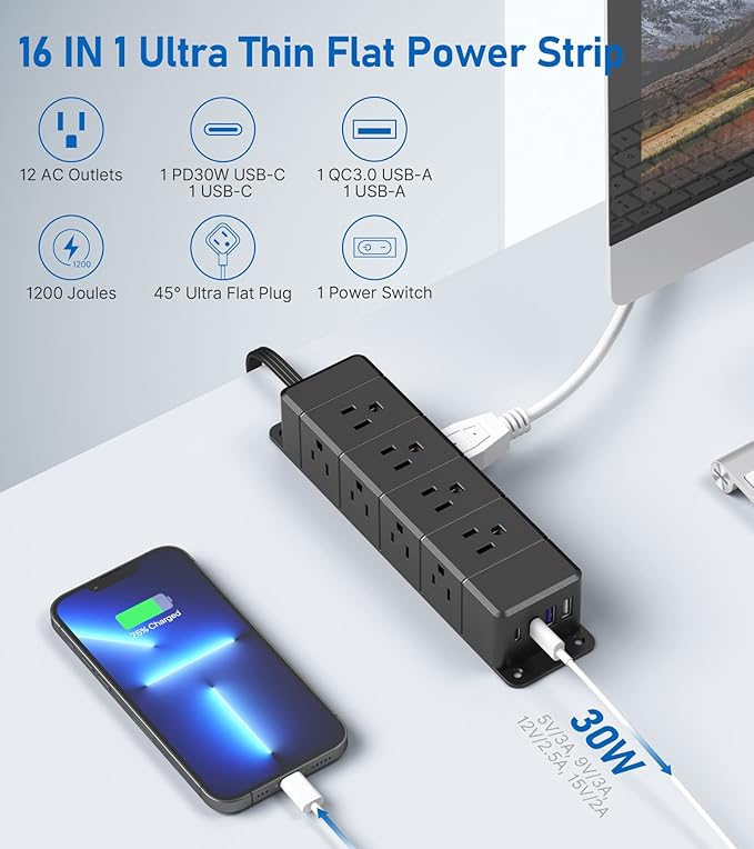 30W USB C Power Strip Surge Protector, Ultra Thin Flat Plug Power Strip 4 Side - Image 2