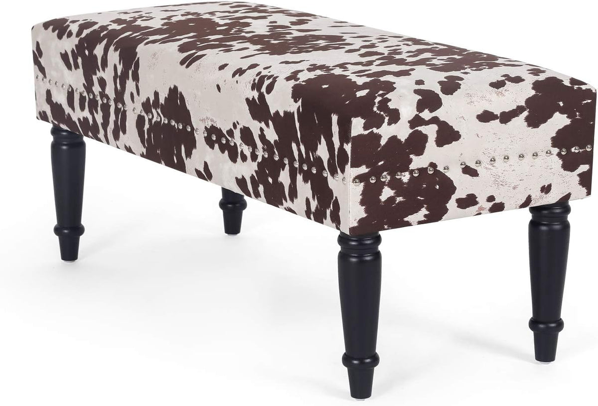homebeez 39.4" cow print bench, upholstered bedroom cowhide, front angle view