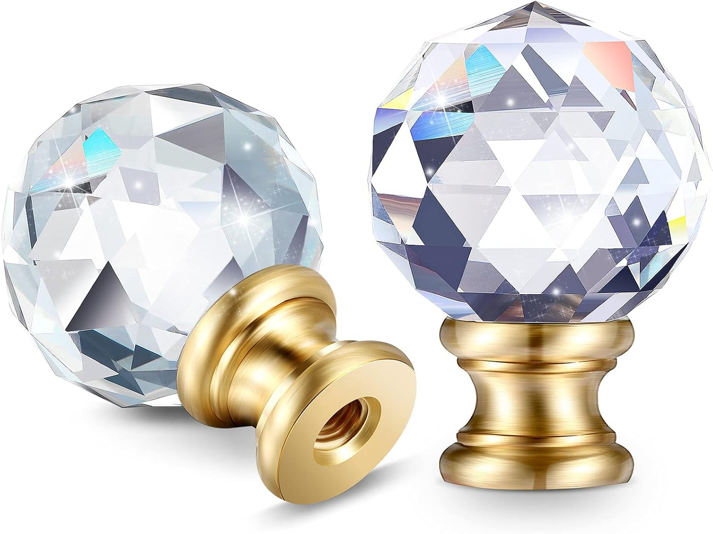 Mudder 2 Pcs Crystal Lamp Finial Diamond Knob 1-3/4 Inches,Gold Base | Decorative Finials for Lamp Shades, Faceted Crystal Knobs with Threaded Screw Cap, Fits Table and Floor Lighting Fixtures