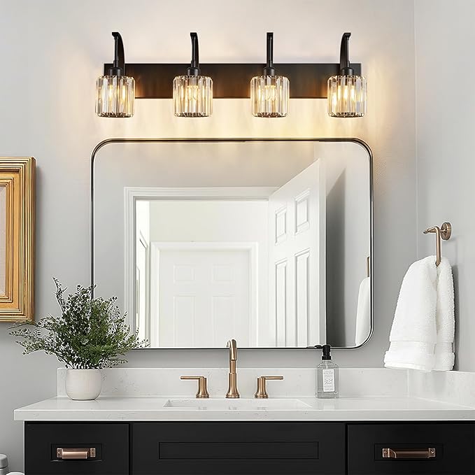 FDPBY 4-Light Crystal Vanity Light, Modern Black Bathroom Wall Sconce - Image 3
