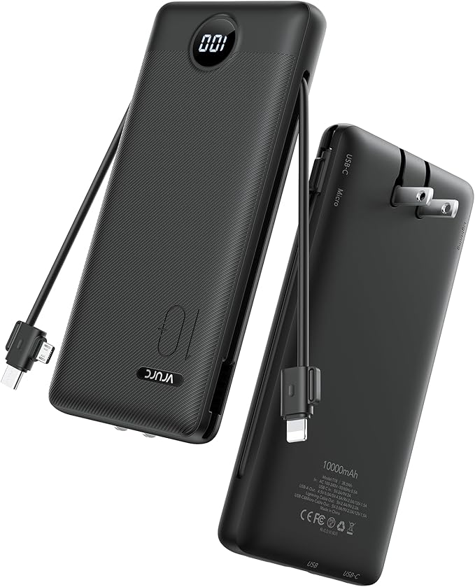 VRURC Portable Charger with Wall Plug, 10000mAh Slim Portable Charger Built in by Home