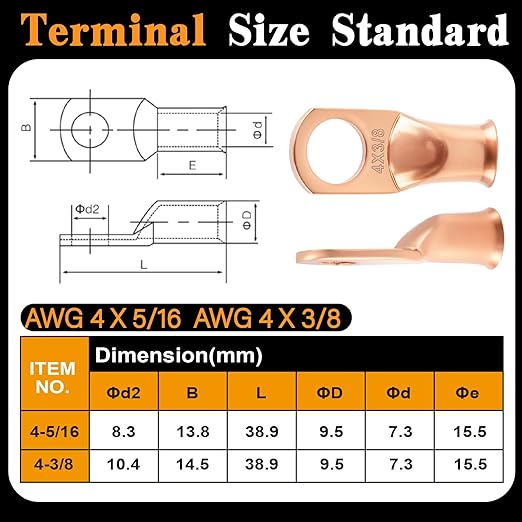 20PCS 4 AWG 5/16 3/8 inch Battery Cable Lugs, 4 gauge Copper Crimp Connector - Image 4