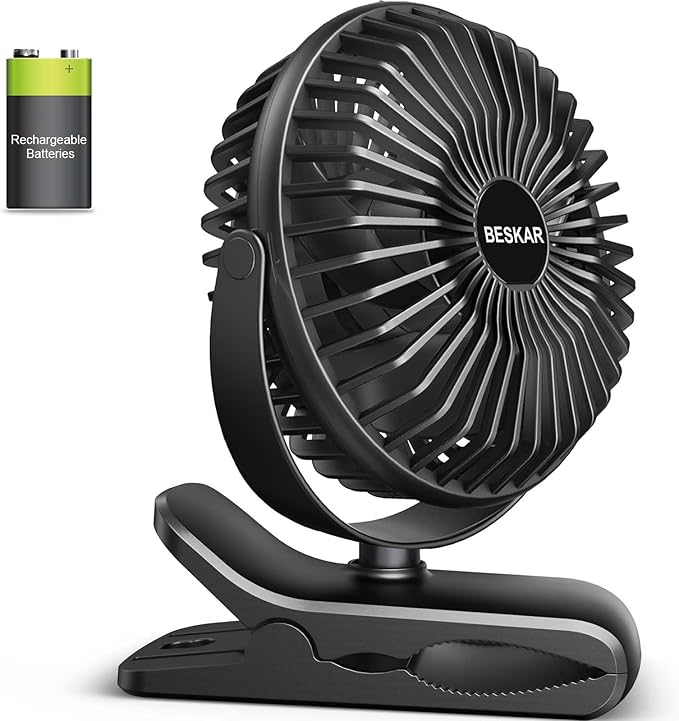 BESKAR Portable Clip on Fan Rechargeable, 4 Speeds Small Battery Operated Fan by BESKAR