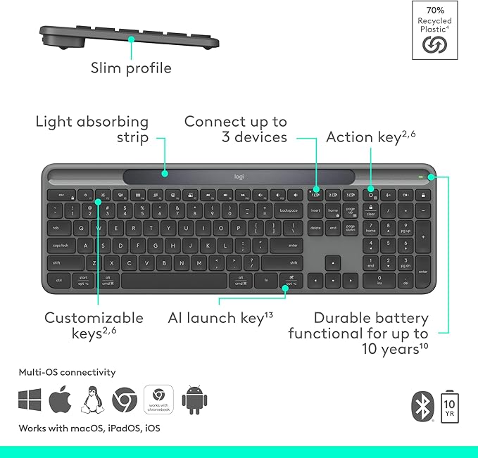 Logitech Signature Slim Solar+ Wireless Bluetooth Keyboard K980, Solar and - Image 7