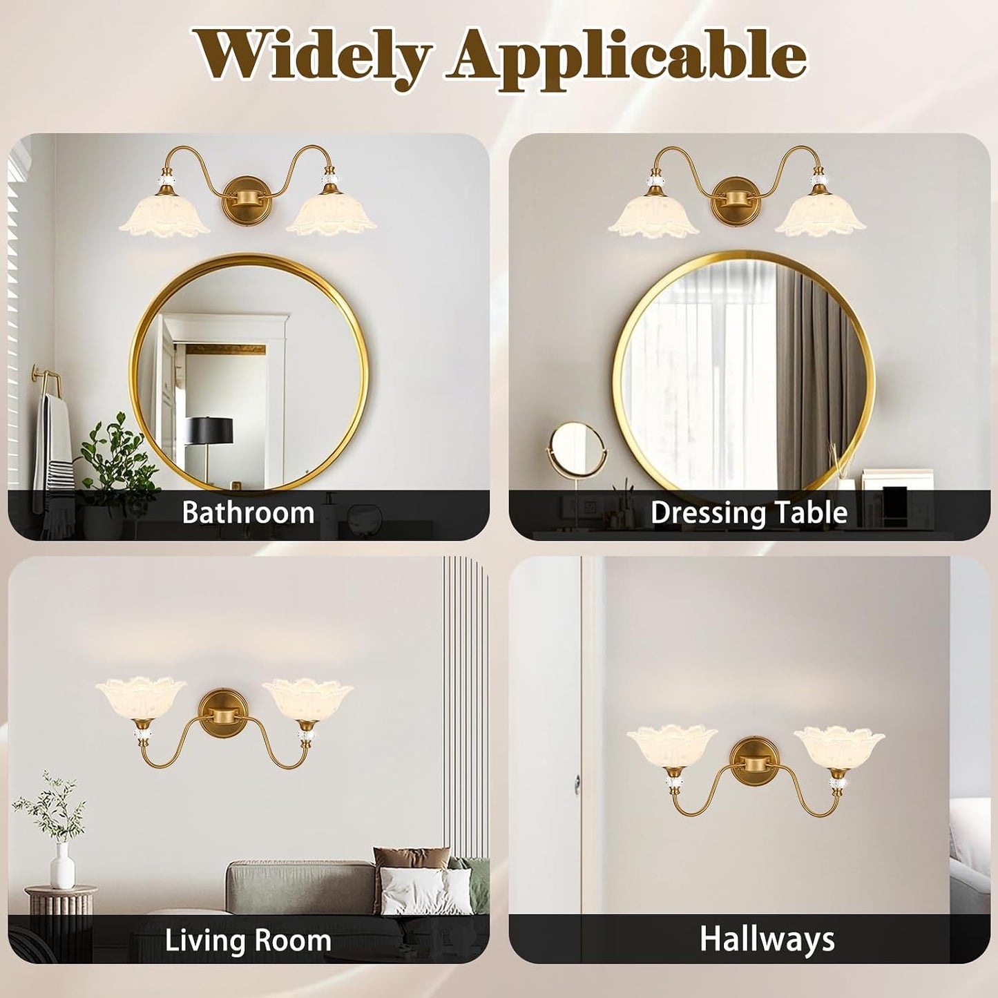 Vintage Bathroom Vanity Light, 2-Light Matte Brass Finish Vanity Light with Floral White Glass Shades, Retro Wall Sconce for Bathroom, Dressing Table