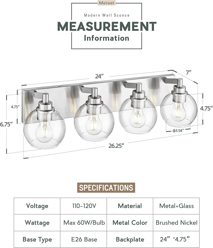 METWET Bathroom Light Fixtures, 4 Light Brushed Nickel Vanity Light, 26 Inch - Image 3